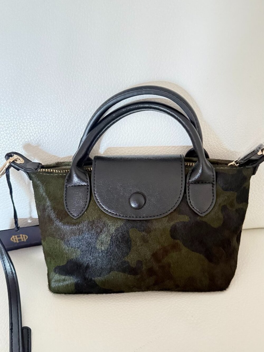 HOUSE OF HARLOW 1960 CAMO GENUINE CALF HAIR MINI SATCHEL CROSSBODY BAG BLACK